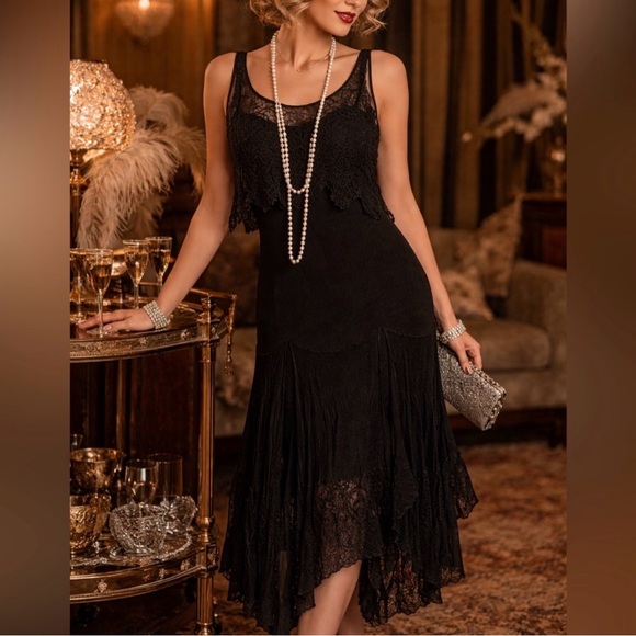 Posh Desert Finds Dresses & Skirts - RARE 1920s–1930s Black Lace Flapper Dress | Collector Piece | XS